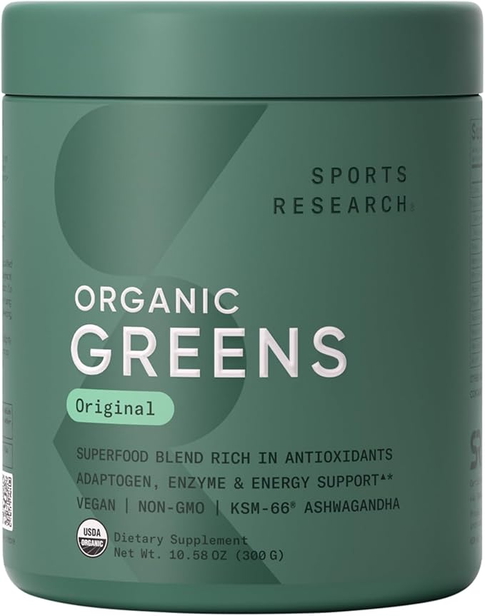 Sports Research® Organic Greens Superfood Powder w/Spirulina & Chlorella, Adaptogens, Enzymes, Probiotics & 8 VIT Bs for Gut & Mood Support* - Vegan, Sugar-Free & Low-Cal Original 30 Servings