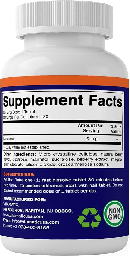 Vitamatic Melatonin 20 mg Tablets | Vegetarian, Non-GMO, Gluten Free | HIGH Potency 20 MG | Natural Berry Flavor (1/2 Tablets = Melatonin 10 mg) (120 Count (12 Pack Wholesale Buy))