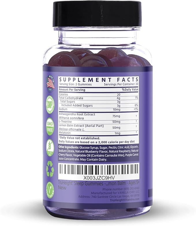 TruHeight Sleep Gummies - Kids & Teen Natural Sleep Aid for Maximum Growth - Pediatric Recommended - Kids Melatonin Gummy - Melatonin, Ashwagandha, L Theanine, Lemon Balm, Ages 4+, Mixed Berry Flavor