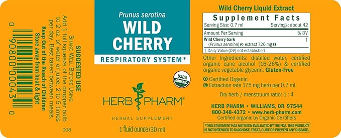Herb Pharm Certified Organic Wild Cherry Bark Liquid Extract for Respiratory Support - 1 Ounce (DWCHER01)