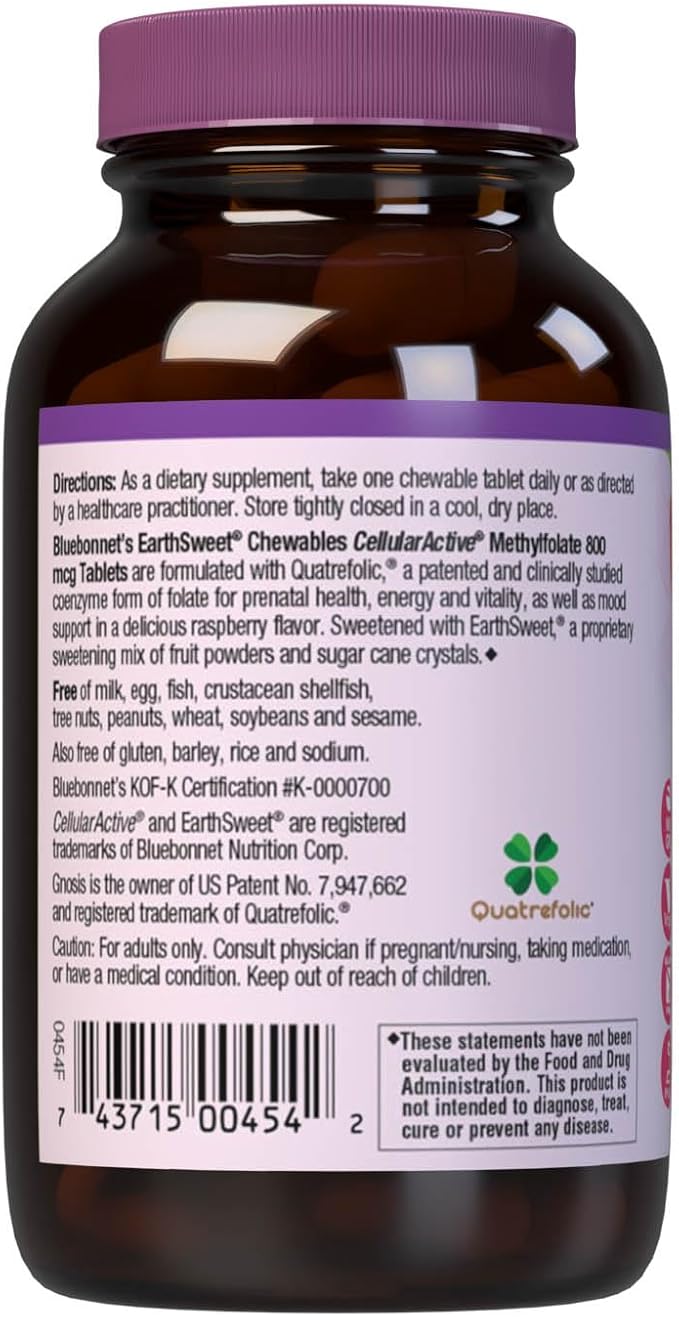 Bluebonnet EarthSweet Methylfolate 800 mcg Cellular Active Coenzyme 5-MTHF L Methyl Folate Supplement - Prenatal & Energy Support* - Non-GMO, Vegan, Gluten-Free - Raspberry - 90 Chewable Tablets