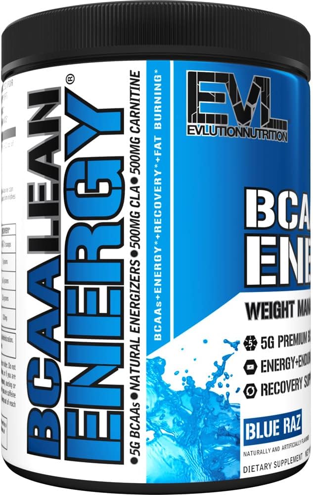 EVL BCAA Lean Energy Powder - Pre Workout Green Tea Fat Burner Support with BCAAs Amino Acids and Clean Energizers - Post Workout Recovery Drink for Lean Muscle Recovery - Blue Raz