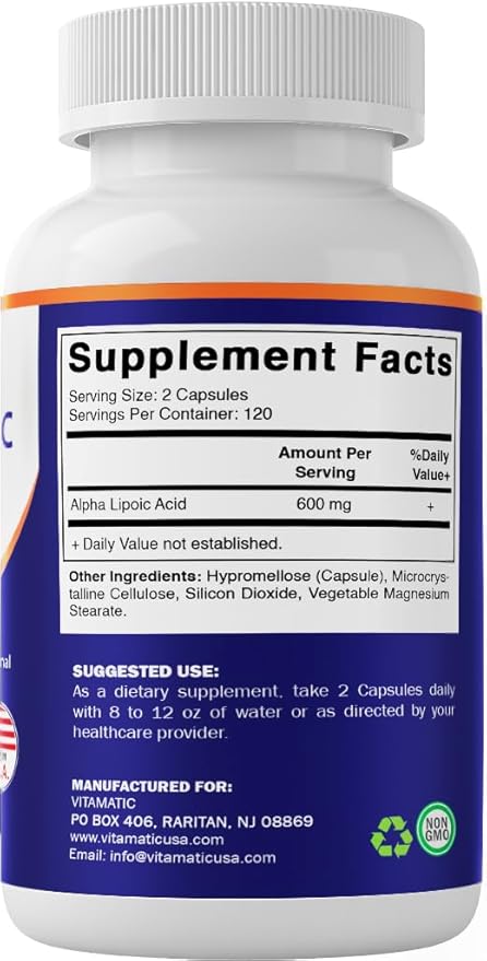 Vitamatic Alpha Lipoic Acid (ALA) 600mg Per Serving - 240 Vegetable Capsules - 120 Servings - Non-GMO & Gluten Free