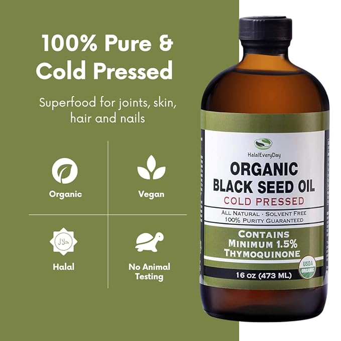 HalalEveryDay Organic Black Seed Oil - USDA Certified, Cold Pressed Glass Bottle 16oz - Over 1.5% Thymoquinone Turkish Black Cumin Nigella Sativa Non-GMO 100% Pure Blackseed Oil
