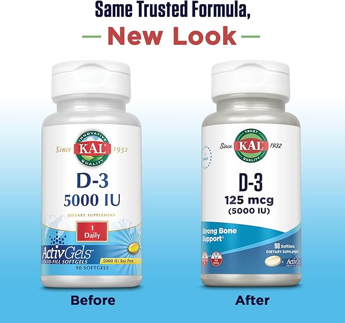 KAL Vitamin D3 5000 IU Softgels (125 mcg), Active Form of Vitamin D, Calcium Absorption, Bone Health, Immune Support Supplement, Liquid Filled ActivGels, Made Without Soy, 90 Servings, 90 Softgels
