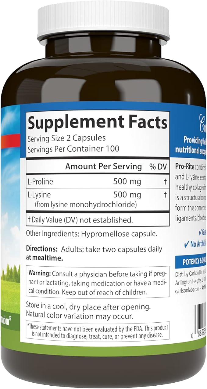 Carlson - Pro-Rite, Free-Form L-Proline & L-Lysine, Health, Joint Support & Collagen Formation, 200 Capsules