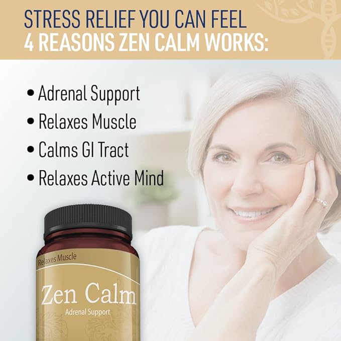 Zen Calm Stress Adrenal Support Supplement Organic Adaptogenic Herbs - Magnesium, B Vitamins, GABA & More to Support a Natural Calm. Non-Drowsy. Non-GMO (60 Veggie Caps)