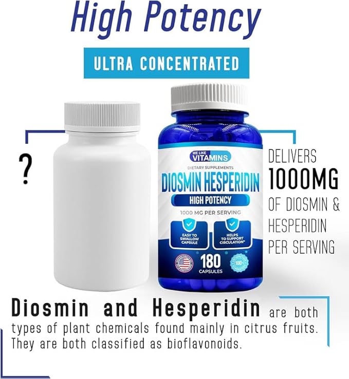 We Like Vitamins Diosmin Hesperidin 1000mg – 180 Capsules – 90 Day Supply - Diosmin and Hesperidin Supplement – Helps to Support Healthy Circulation, Veins, Capillaries, and Lymphatic Drainage