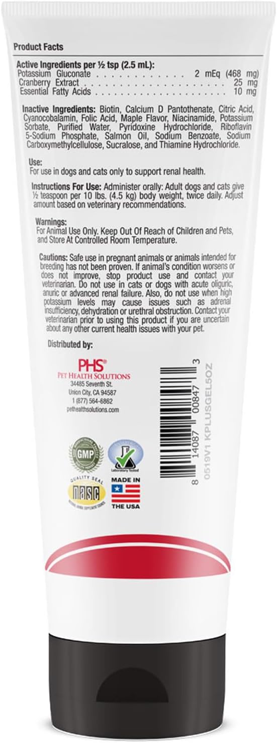 K-Plus Potassium Gluconate Renal Gel Plus Cranberry and EPA for Dogs and Cats - Veterinarian Approved Renal Supplement - Supports Potassium Balance -(3 Pack)