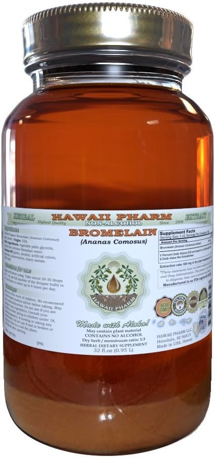 Bromelain Alcohol-Free Liquid Extract, Bromelain (Ananas Comosus) Dried Powder Glycerite Hawaii Pharm Natural Herbal Supplement 32 oz Unfiltered