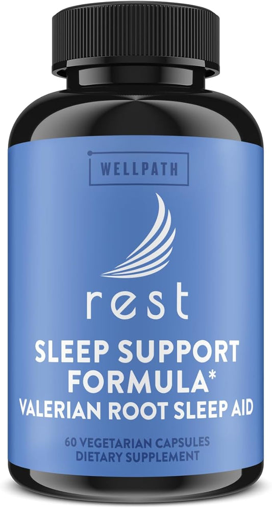 WellPath Rest Valerian Root Sleep Aid for Adults with Melatonin & L-Theanine | Natural & Herbal Sleeping Pills with Extra Strength | | 5-HTP, Lemon Balm, Chamomile, 60 Ct
