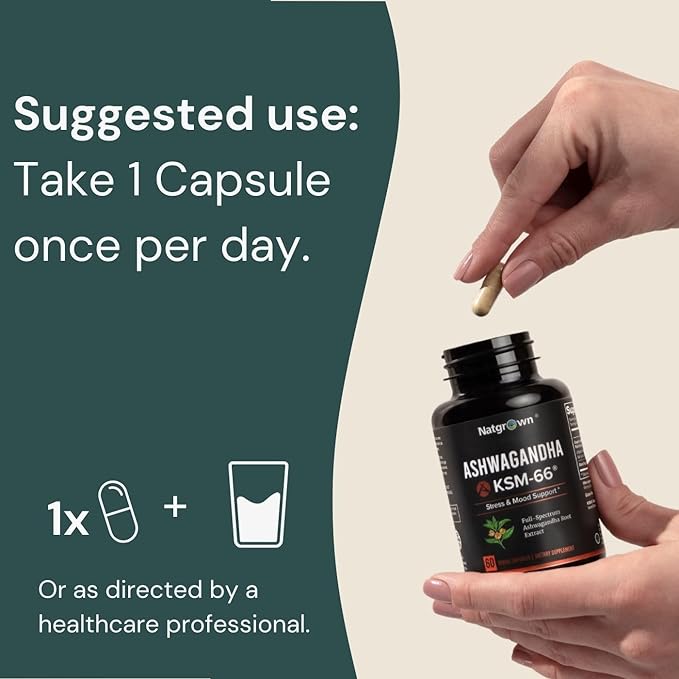 Natgrown Ashwagandha KSM 66 Supplement 600 mg - Stress, Mood, & Athletic Support - Organic KSM66 Root Extract with 5% Withanolides - Vegan Capsules - 60 Count