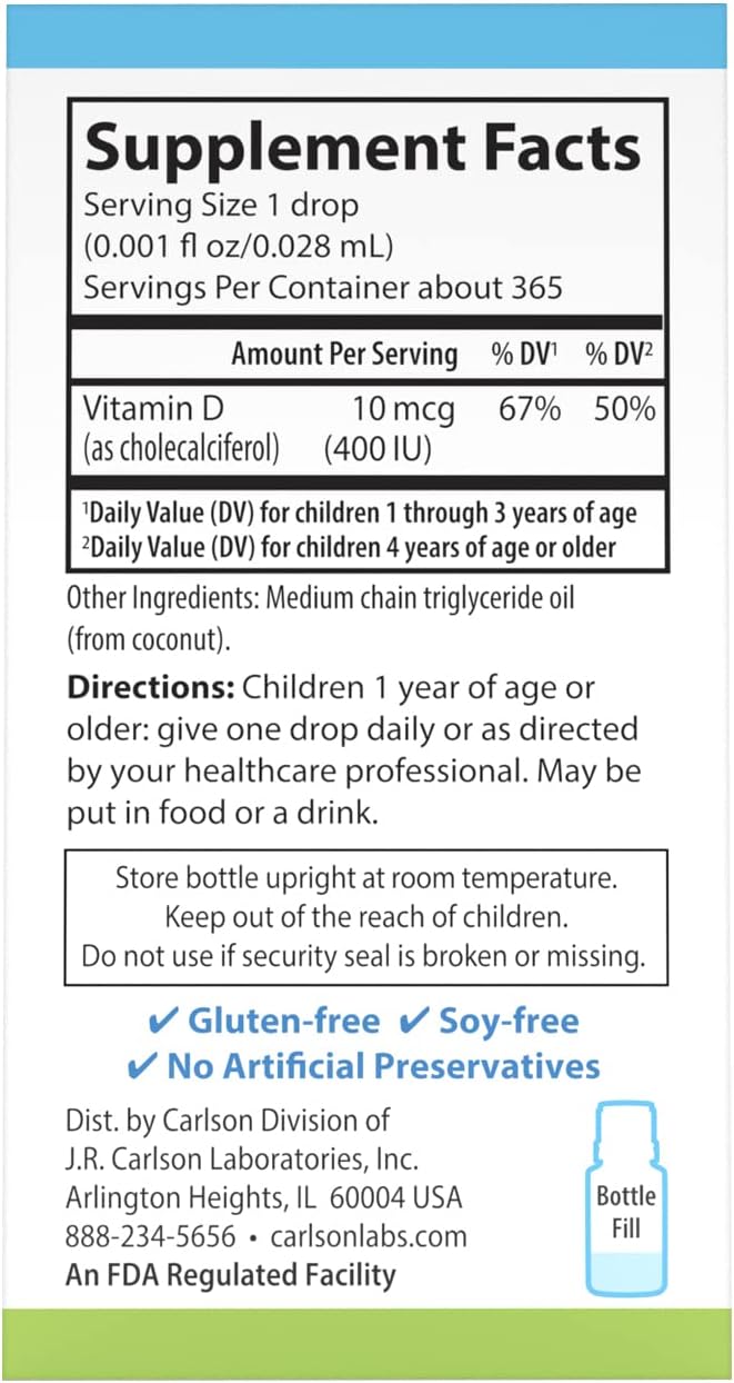 Carlson - Kid's Super Daily D3, Kids Vitamin D Drops, 600 IU (15 mcg) per Drop, Vegetarian, Liquid Vitamin D Drops for Kids, Unflavored, 90 Drops (2.54 mL)