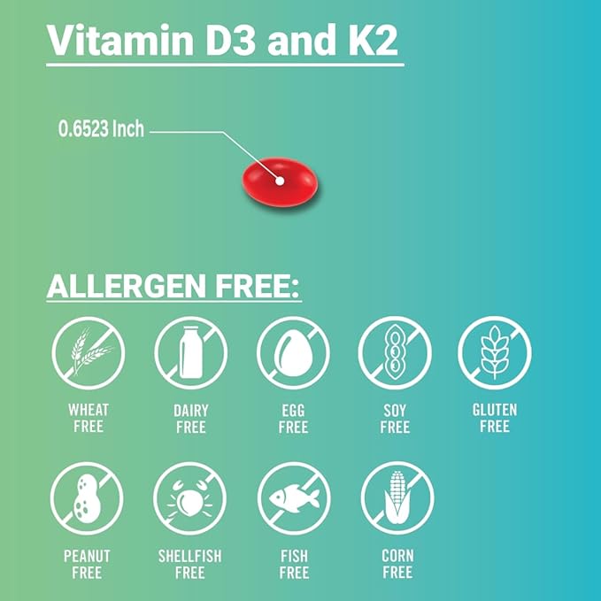 Vitamin D3 5000 IU with K2 100 mcg, 100 Soft-Gels for Healthy Muscle Function, 2 in 1 Support Immune, Optimal Calcium Absorption. Non-GMO, Gluten-Free, Soy-Free, Dairy-Free.