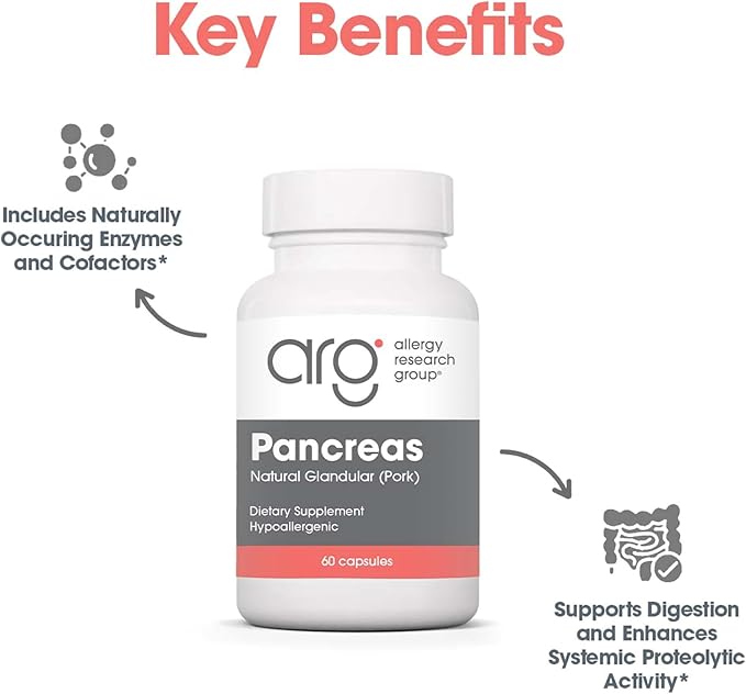 Allergy Research Group Pancreas Pork Supplement - Pancreas Natural Glandular, 425mg Pancreatic Enzymes, Digestive Enzymes Amylase, Protease - 60 Count