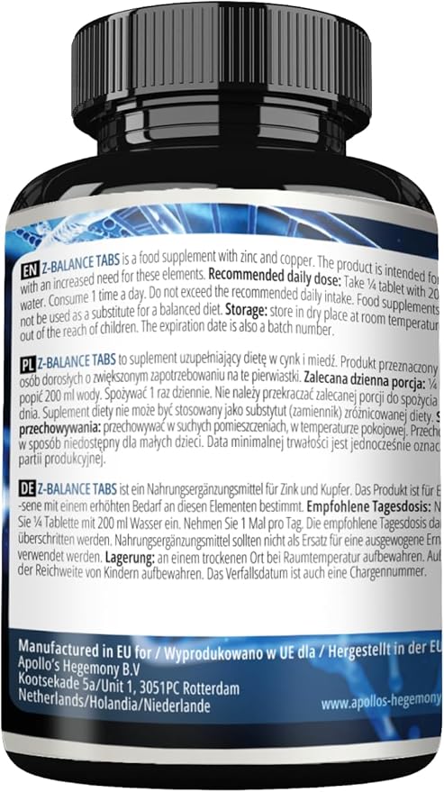 Z-Balance - Zinc 12,5mg + Cooper - 180 Tablets Capsules - 720 Servings - Zinc bisglycinate and Cooper bisglycinate - Supplement for Healthy Hair, Skin and Nails - by Apollo's Hegemony