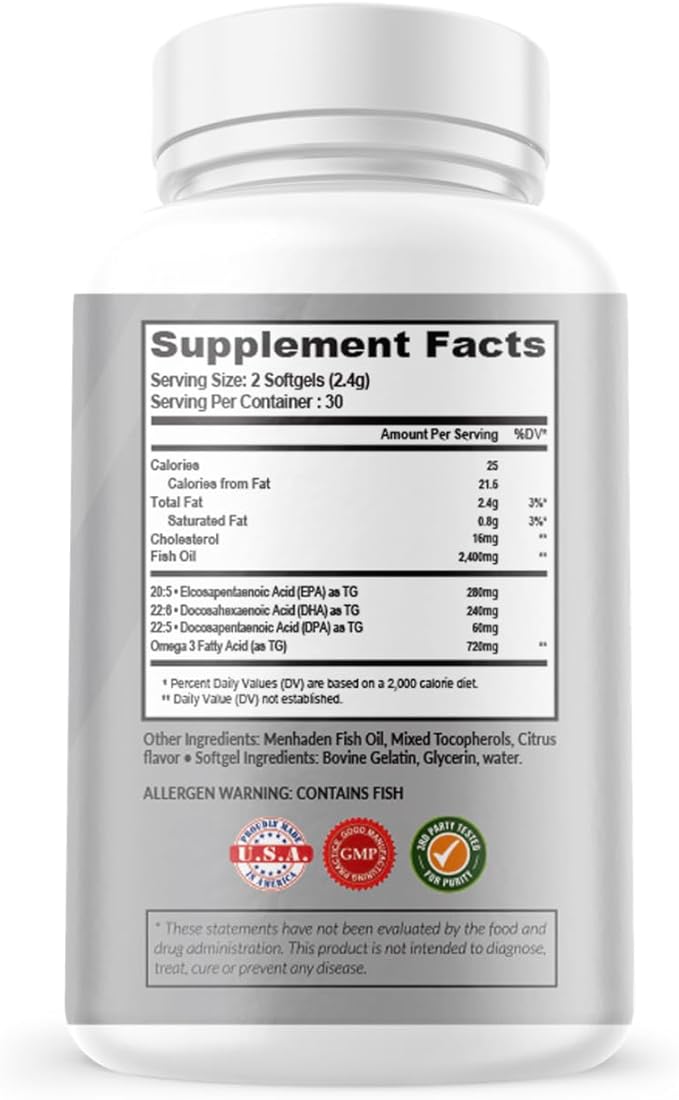 Atlas Nutraceuticals-Atlantic Caught Menhaden Fish Oil-Omega 3-2400mg, Burpless, Made in The USA, DPA/DHA/EPA-60 Softgels (1)