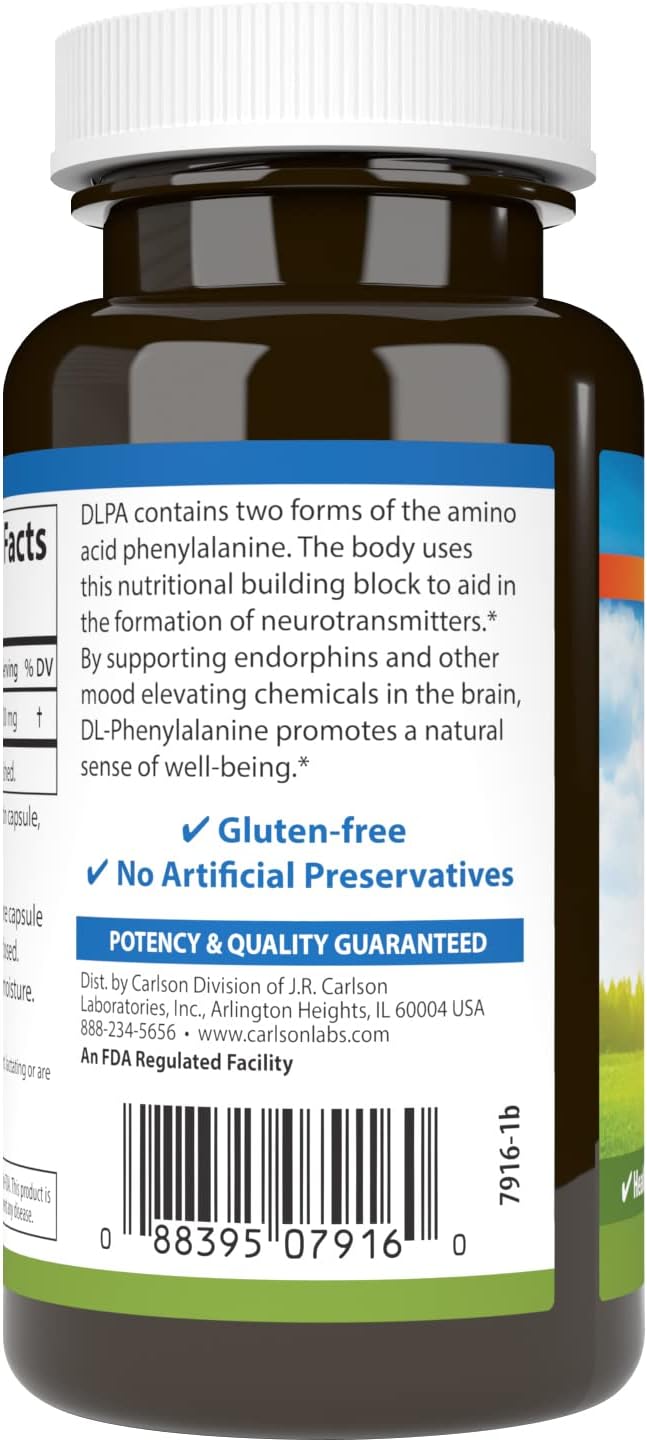 Carlson DLPA DL-Phenylalanine 500 mg Mood, Cognitive & Nervous System Support Supplement - 60 Capsules