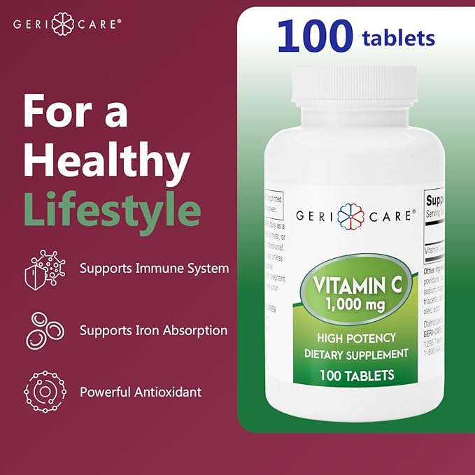 GeriCare Vitamin C 1000 mg – High Potency 100 Tablets – Supports Immune Function, Enhances Skin Care with Collagen Production, Aids in Iron Absorption, and Vascular System Health