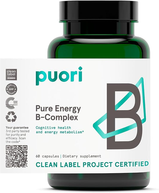 Puori Pure Energy Vitamin B-Complex with 8 Essential Vitamins - Active & Methylated B Vitamins (Thiamin, Riboflavin, Niacin, B6, Folate & B12) - Biotin, Inositol, Pantothenic Acid & Choline