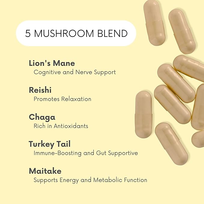 Mood Mushrooms - Lifted Mushroom Supplement - Lion's Mane, Reishi, Chaga, Turkey Tail, Maitake - Energy, Focus, Stress Relief