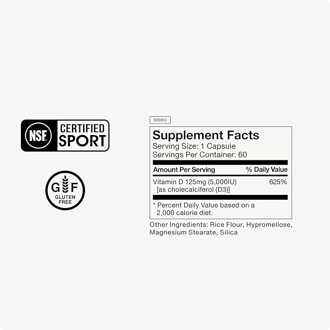 Momentous Vitamin D3 Supplement - 5000 IU Capsules for Foundational Health Support - NSF Certified, Gluten Free, 60 Servings