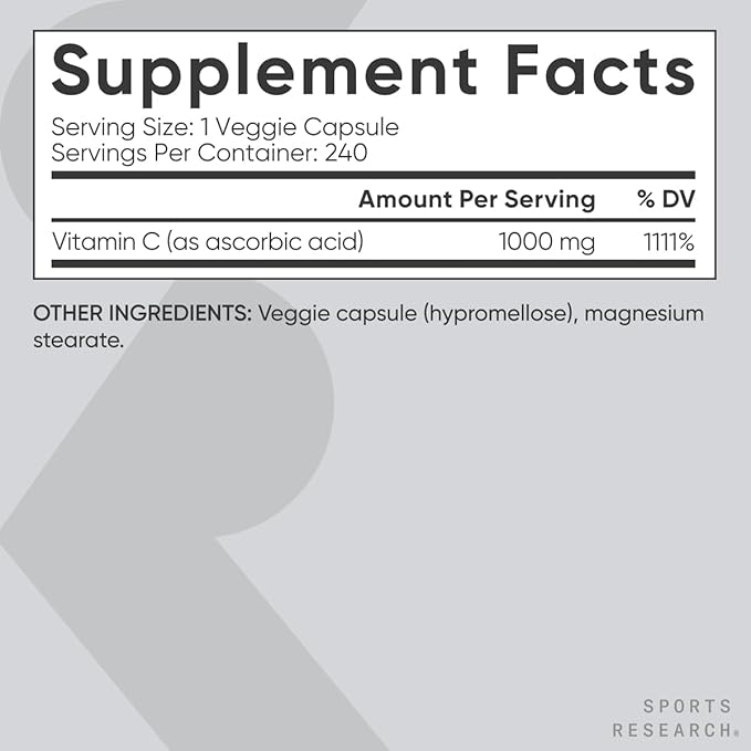 Sports Research Vitamin C 1000mg - Non-GMO Project Verified Ascorbic Acid Vitamin C Supplement for Immune Support & Antioxidant Protection | Vegan Friendly, 8 Month Supply (240 Count)