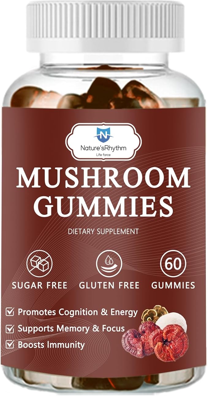 Organic Mushroom Gummies with Mane Mushroom, Reishi, Cordyceps, Lion's Mane Mushroom Gummies for Adults Brain Booster, Immune Support, Energy-60 Units