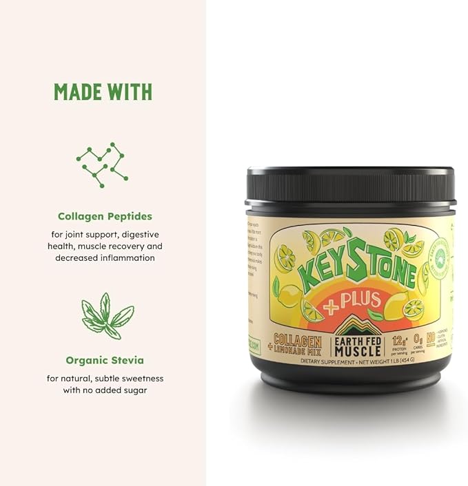 Earth Fed Muscle Keystone Plus Lemonade Collagen - Hair, Skin, Joints, 33 Servings