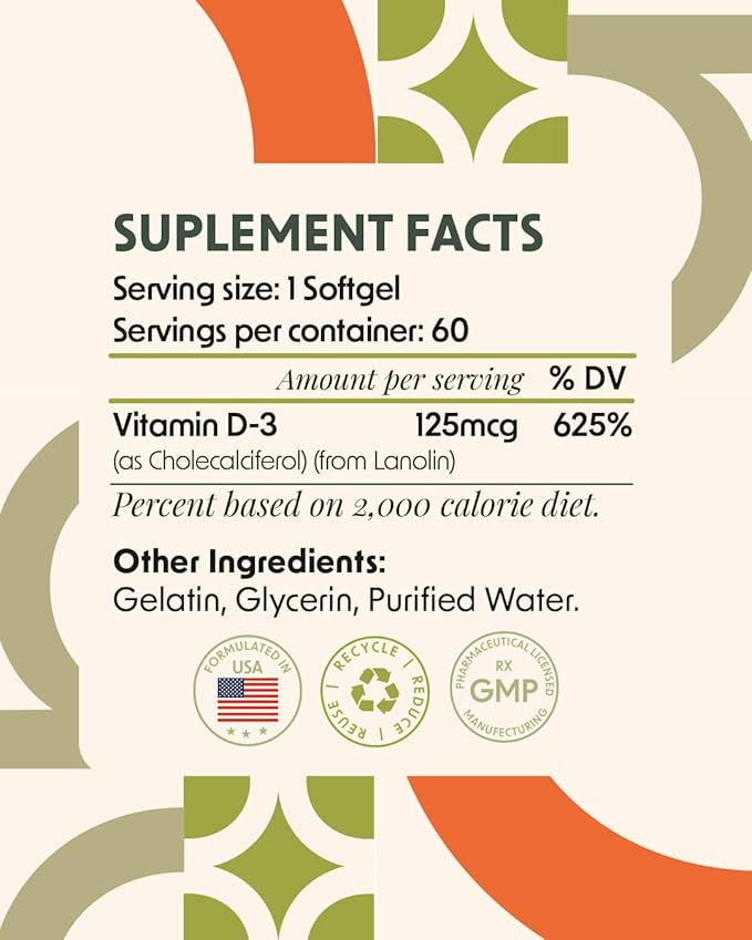 Alpha & Omega Nutrition Vitamin D3 125 mcg (5,000 IU) - Supplement to Support Bone, Joint, Breast, Heart, Colon, and Immune Health - with Vitamin D - 60 Softgels, 2 Month Supply