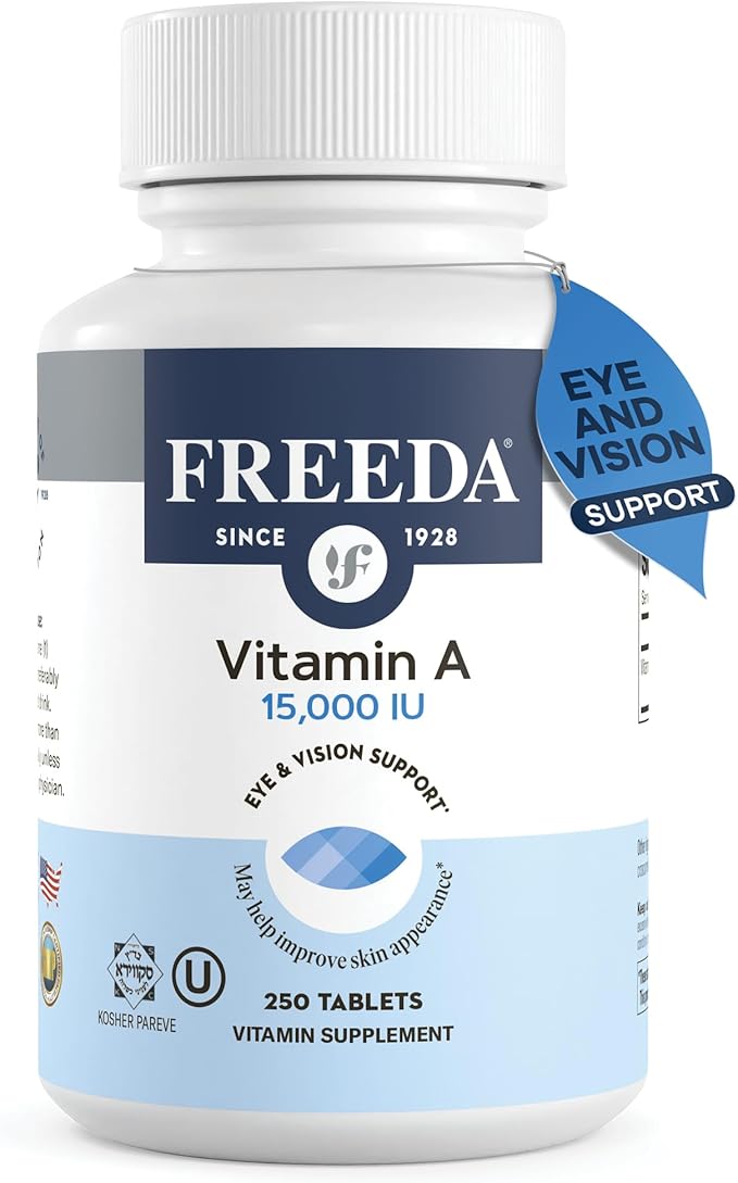 Freeda Vitamin A 15,000 IU – Retinyl Palmitate – Vegan, Kosher, No Fish – Eye, Vision, Immune & Skin Support – Tiny Easy-to-Swallow Tablets – VIT A Vitamina A Supplement – 250 Tablets