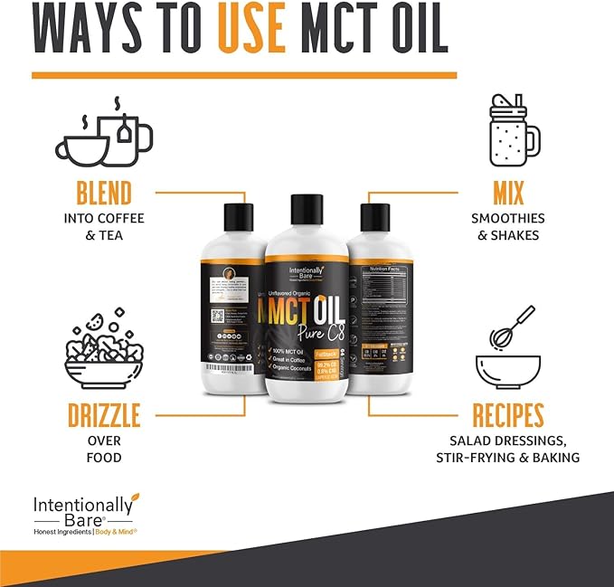 Intentionally Bare Pure C8 MCT Oil Organic - Brain Octane C8 MCT Oil for Clean Energy, Keto Paleo and Vegan Diet - Unflavored Brain Octane for Coffee, Shakes and Salads - Coconut MTC 16oz