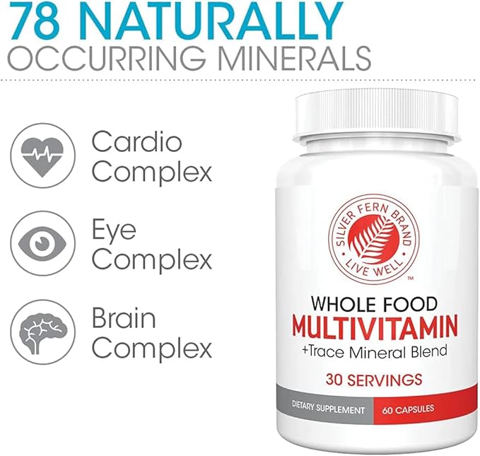 Silver Fern Whole Food Daily Multi Vitamin w/Trace Mineral Blend Supplement - 1 Bottle - 60 Vegicaps - 30 Day Supply - Natural, Non-GMO, Vegan, Men's & Women's Multivitamin - Zero Synthetics