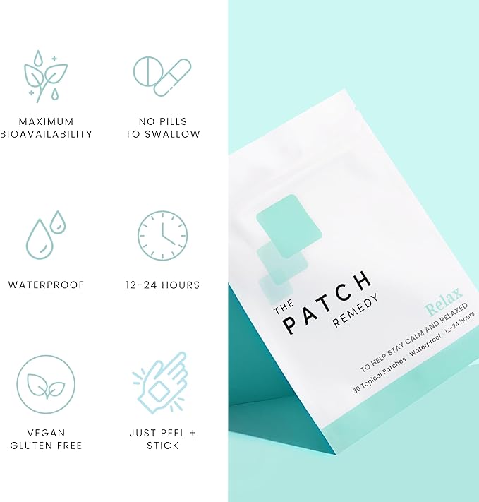 Relax Patches - 30 Topical Stress Relief Patches with Ashwagandha, L-theanine, Lemon Balm, Valerian, Passionflower, Vitamin B6, Rhodiola Rosea | Calming, Relieving, Relaxing