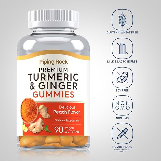 Piping Rock Turmeric and Ginger Gummies | 90 Count | Peach Flavor | Vegan Formula | Non-GMO, Gluten Free Supplement