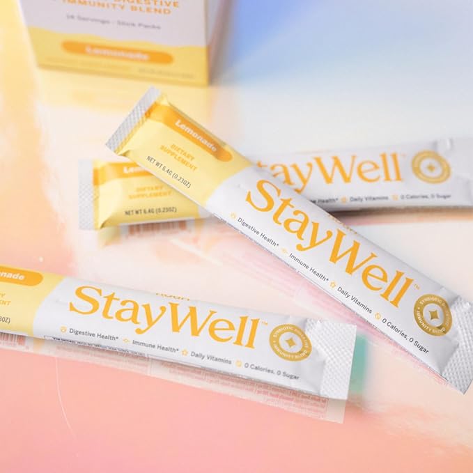 Nouri Daily StayWell Lemonade Drink Mix | Probiotics, Prebiotics, Colostrum, L-Glutamine, Vitamins D & B12, Magnesium, Manganese & Zinc for Gut Health, Digestion & Immunity | 14 Stick Packs
