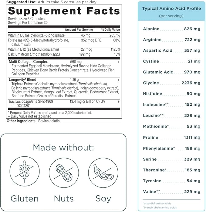 Ancient Nutrition Multi Collagen Advanced Longevity with Probiotics, Hydrolyzed Collagen Peptides Promotes Healthy Aging and Cellular Energy, 90 Count
