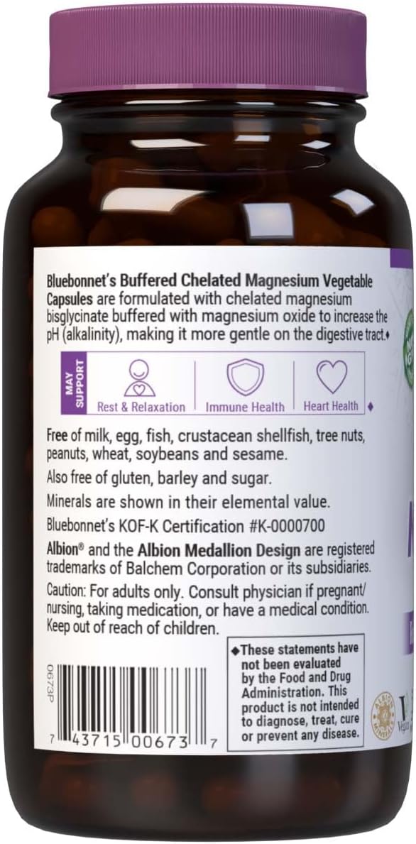 Bluebonnet Nutrition Albion Buffered Chelated Magnesium 200 mg, Magnesium Oxide, Stress Relief, Vegan, Non GMO, Gluten Free, Soy Free, Milk Free, Kosher, 120 Vegetable Capsules, 2 Month Supply