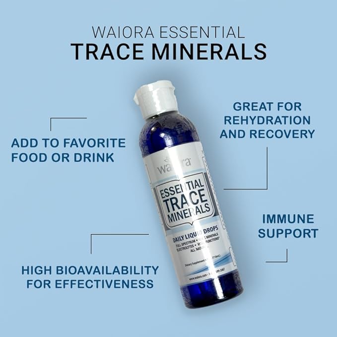 Waiora Essential Trace Minerals | Help Replenish Lost/Depleted Mineral | 60+ Ionic Trace Minerals | Support Body’s Vital Functions, pH Balance | Plus Electrolytes for Hydration (4 Bott /192 serv)
