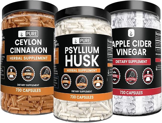 PURE ORIGINAL INGREDIENTS Psyllium Husk, Ceylon Cinnamon, & Apple Cider Vinegar Bundle, 730 Capsules Each, Lab Verified