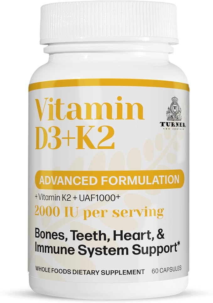 TURNER Vitamin D3 (2000IU) Plus K2 (80mcg), 2 in 1 Formula, Vitamin D3 Liquid with Vitamin K2, 60 Soft-Gels, Support Heart, Teeth & Joint Health, Easy to Swallow