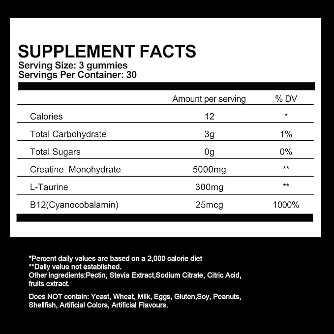 Sugar Free Creatine Monohydrate Gummies for Men & Women-5g of Creatine Monohydrate per Serving for Muscle Mass,Vegan,Blueberry Flavor, 90 Count