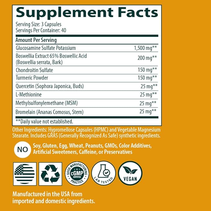 Sanar Naturals Glucosamine Chondroitin MSM Turmeric - Joint Support Supplement for Knees, Back, Hands, and Body - Non-GMO, Gluten Free, 120 Capsules