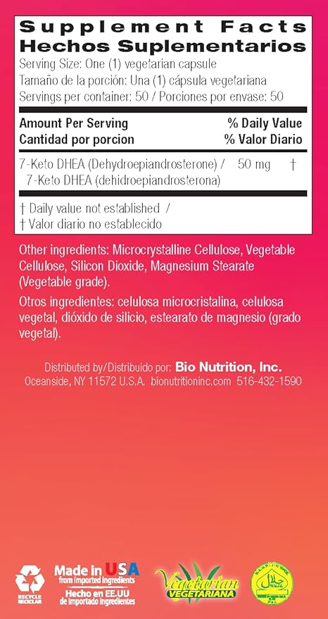 Bio Nutrition 7-Keto 50 Vegetarian Capsules | DHEA 50mg | Promotes Strong Immune Health | Energy & Stamina
