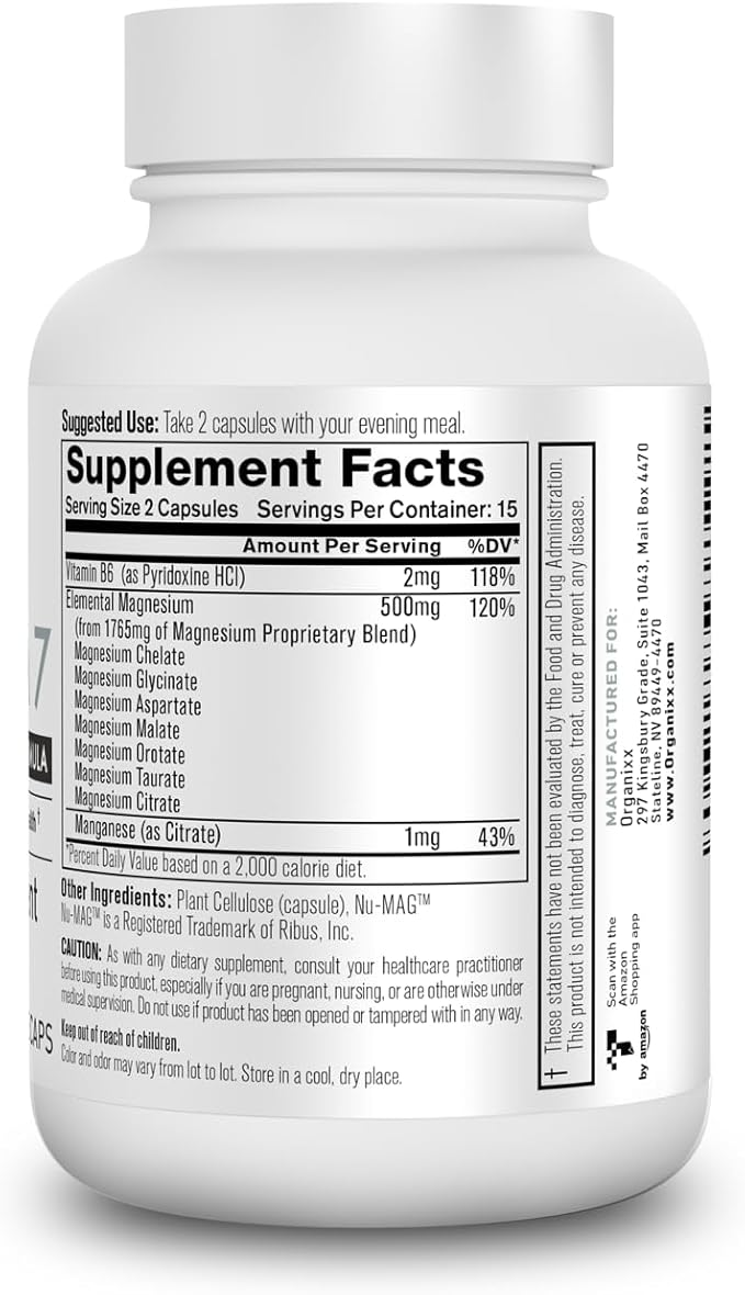 Organixx Magnesium Supplement, Natural Magnesium Capsules for Sleep Support, Muscle Recovery, with Vitamin B6 and Manganese Citrate and Glycinate, High Absorption, Vegan, Non GMO (30 Count)