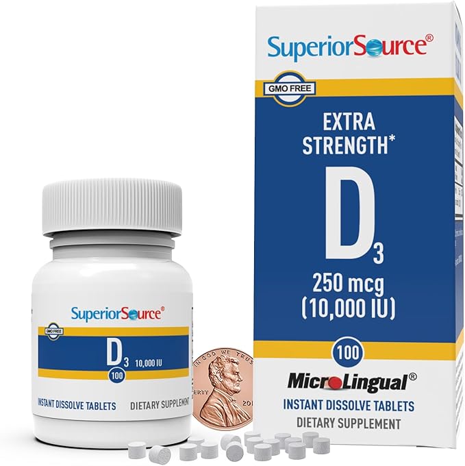 Superior Source Vitamin D3 10000 IU, Quick Dissolve MicroLingual Tablets, 100 Count, Helps Promote Strong Bones and Teeth, Immune Support, Helps Maintain Healthy Muscle Function, Non-GMO
