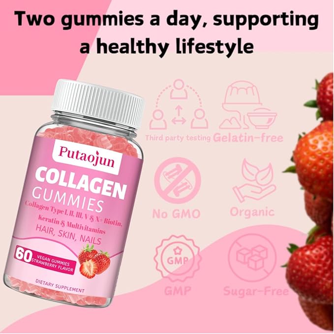 Collagen Gummies | Hair, Skin & Nails Gummies with Biotin and Collagen, Vitamin C, E, & Zinc | Strawberry Flavored | Collagen Gummies for Women | Strawberry Flavored | 120 Gummies