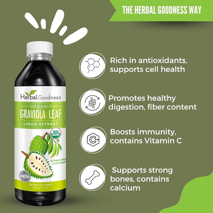 Herbal Goodness Soursop Graviola Leaf Extract 15X Strength – Organic Soursop Bitters Liquid Drop for Cell Support, Regeneration, Relax, Immune Boost, Stress Relief, Liver & Sleep Support, 12oz