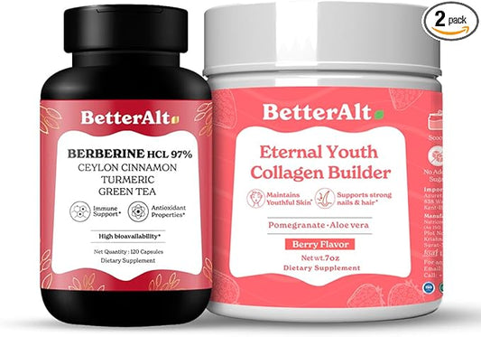 Beauty Duo with Collagen (200g) for natural, radiant and Glowing skin and Berberine Capsules (120) for improved digestion & Immunity|100% Natural, Non GMO & Vegan