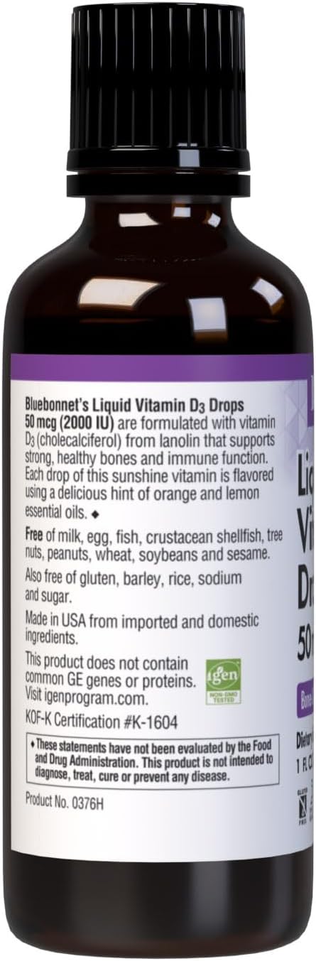 BlueBonnet Liquid Vitamin D3 Drops 2000 IU, Natural Citrus Flavor, 1 Fl Oz